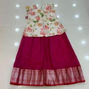 Kids Mangalagiri Lehenga with Floral A-Line Peplum Top – White & Rani Pink