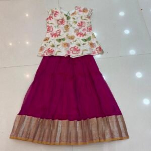 Kids Mangalagiri Lehenga with Floral A-Line Peplum Top – White & Fuchsia Pink