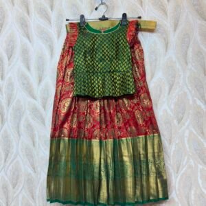 Kids Kanchipattu Lehenga with Green Peplum Blouse – Red & Green