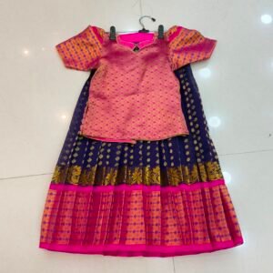 Kids Kuppadam Cotton Silk Lehenga & Blouse – Navy Blue & Pink